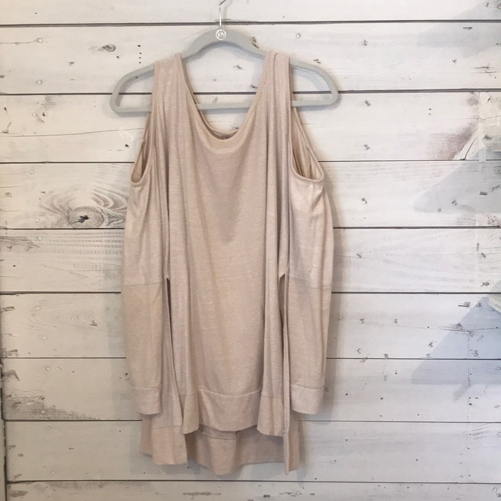 Oatmeal colored sweater with shoulder cut outs